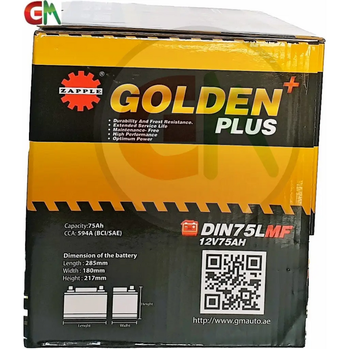 Zapple Golden Plus Car Battery - DIN75LMF 12V75AH - Car